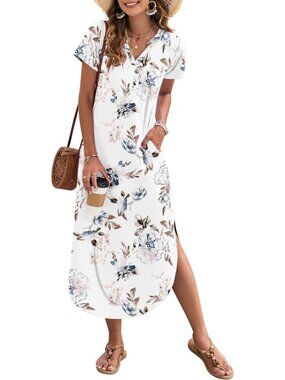 Women's Floral White Summer Maxi Dress 2026 Short Sleeves Casual V Neck Sundress